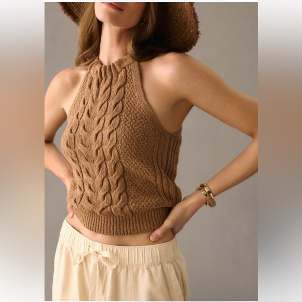 Pilcro Cable Knit Halter Sweater Tank — Camel Brown Medium — Very Good Condition